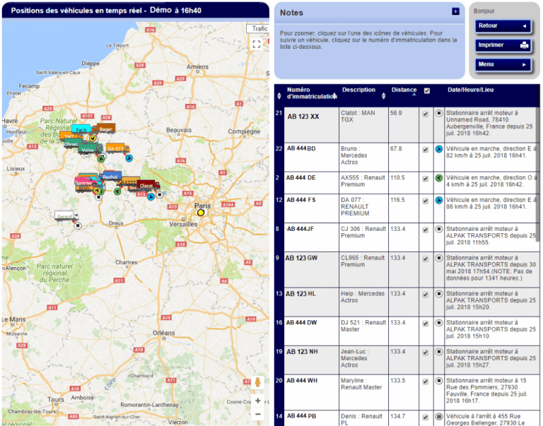 L'écran de suivi en temps réel Quartix indique désormais la distance séparant chaque véhicule d'une adresse donnée