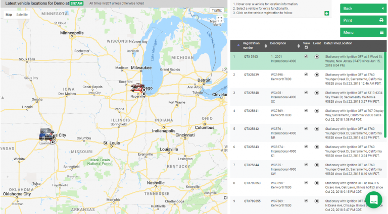 A map displays vehicle locations in the Midwest U.S., with color-coded icons. A sidebar lists vehicle details, including registration, descriptions, dates, and times. Options to print and email are available.