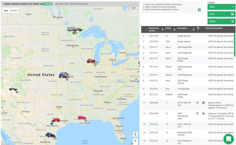 Map of the United States with vehicle icons indicating locations; table on the right lists vehicle registration numbers, descriptions, and notes.