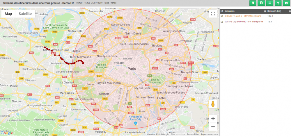 Sélectionnez une période donnée pour voir les entrées et sorties des véhicules de votre flotte dans une zone précise