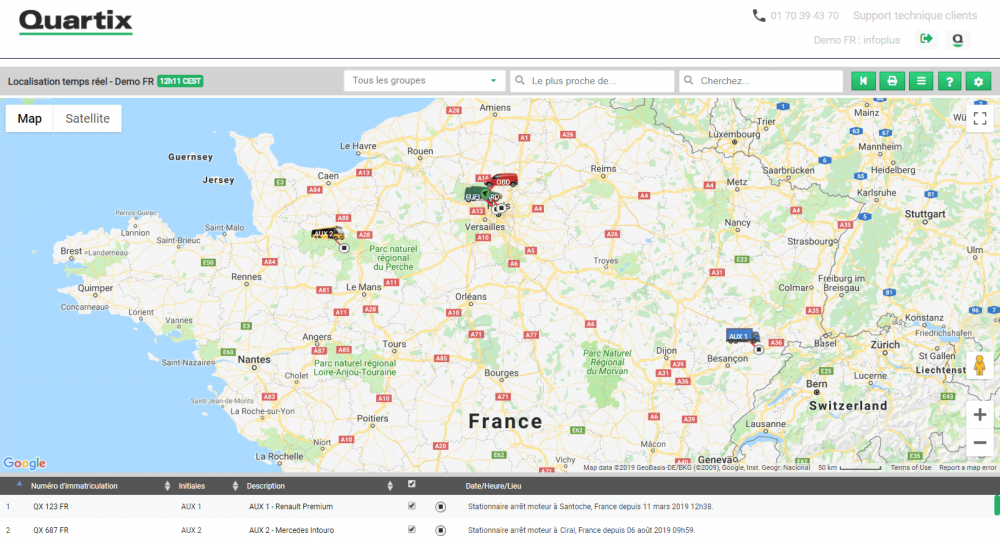 La nouvelle interface du système de géolocalisation de véhicules Quartix permet d'effectuer différentes actions directement depuis la page de suivi en temps réel des véhicules