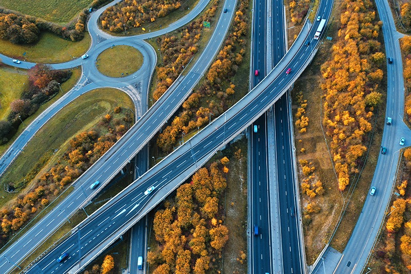 Vehicles on roads satellite view