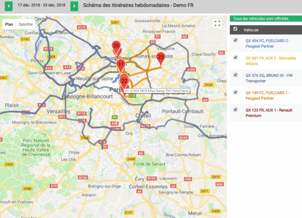 La carte d’itinéraires quotidiens du système Quartix permet de consulter chaque étape du trajet d'un véhicule sur la carte