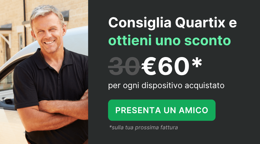 Smiling man stands next to a van; text promotes a €60 discount for each Quartix device purchased by referring a friend.
