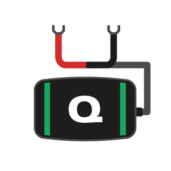 Illustration of a car battery tester with red and black cables attached, displaying a "Q" on the screen.