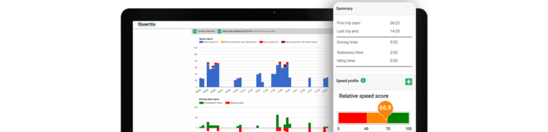 Graph and summary report displayed on a tablet and smartphone screen, showcasing fleet management data with bars, charts, and speed scores in a digital dashboard.
