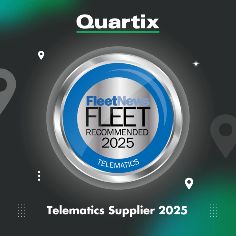 Blue and silver badge with "FleetNews Fleet Recommended 2025 Telematics" text. Label reads "Quartix Telematics Supplier 2025" on a gray background with location icon graphics.