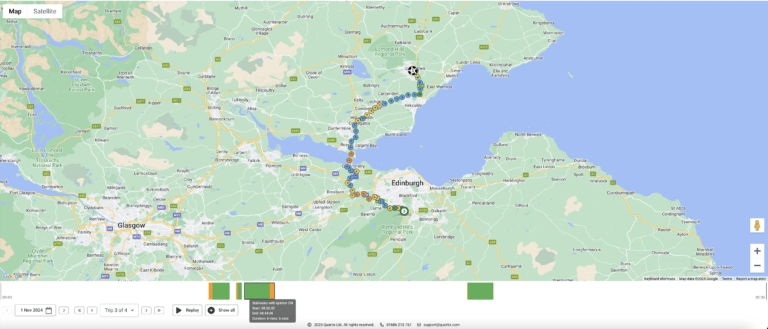 A detailed map shows a route from north of Edinburgh to Glasgow, with various marked points and a distance scale at the bottom.