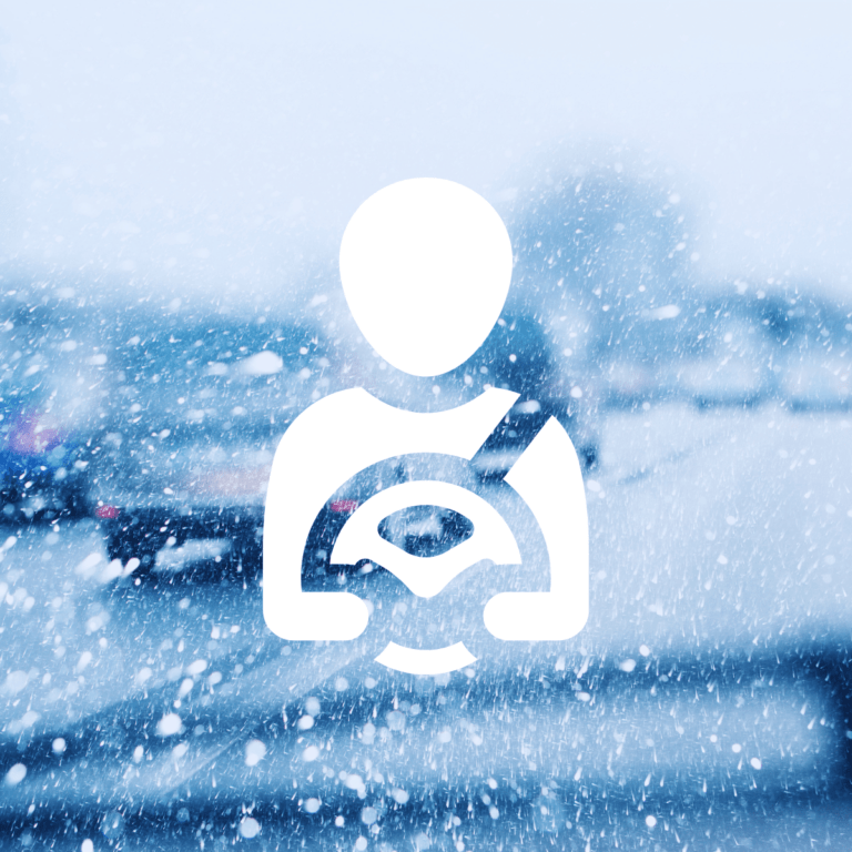 Illustration of a person icon with a steering wheel overlaying a blurred snowy road scene.