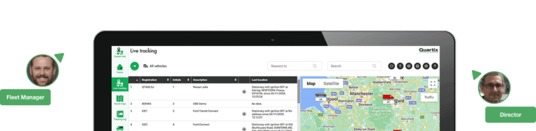 A laptop screen showing a fleet management dashboard with a map. Two profile pictures of a fleet manager and director are positioned on either side of the screen.