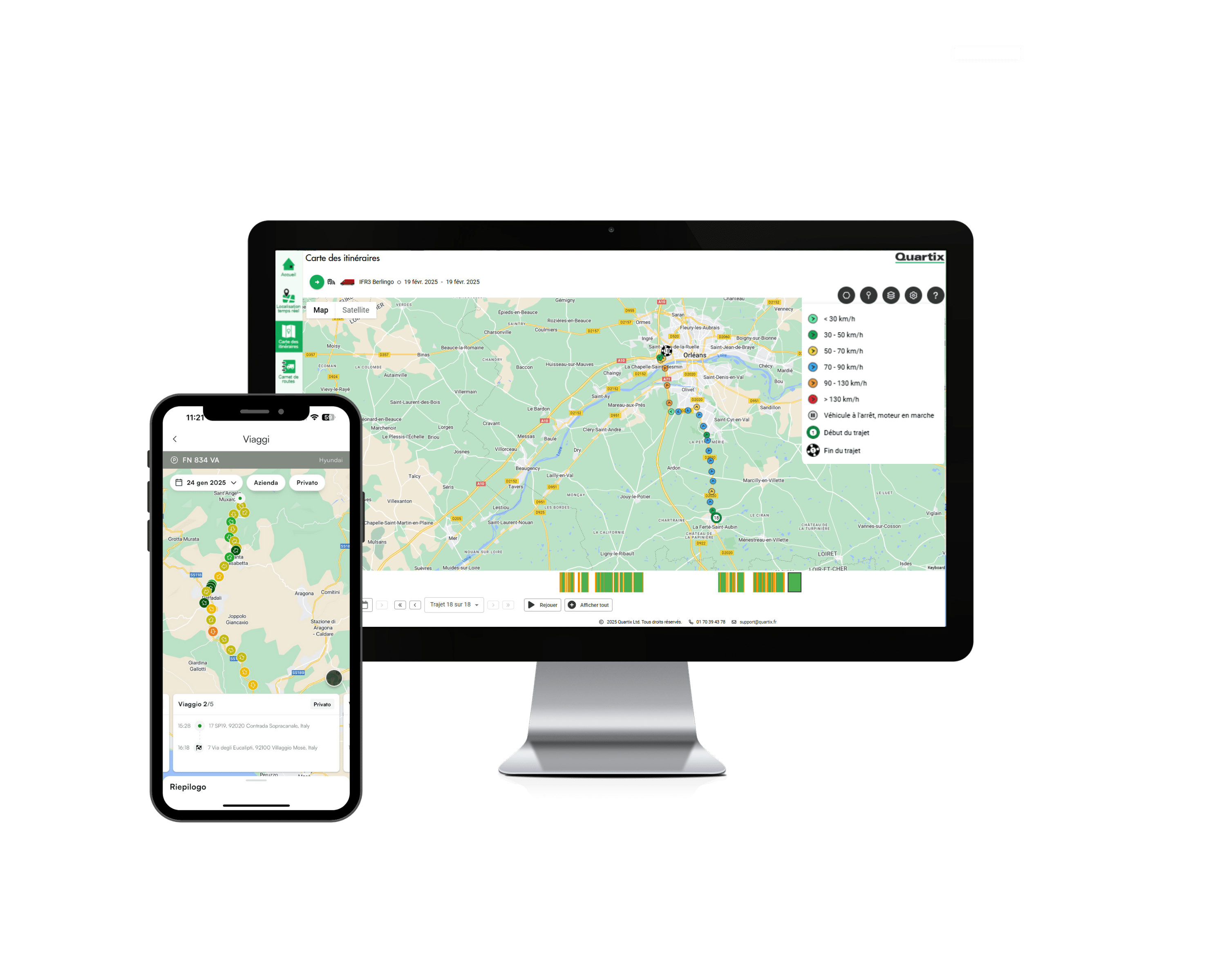 A computer and smartphone display a map with various route options and information like traffic and road types.
