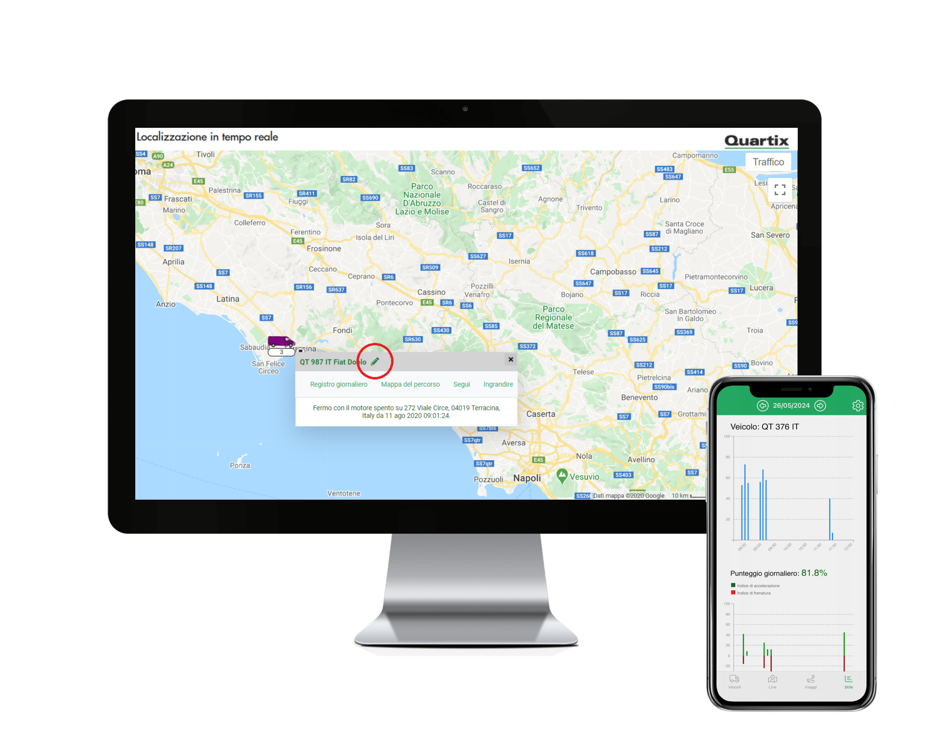 A computer monitor and smartphone display a map and graphs, showing real-time vehicle tracking information.