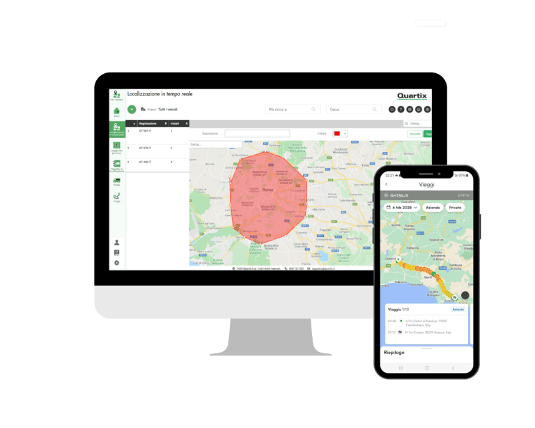 A computer and smartphone display a map interface with a highlighted area. The computer shows a red circle on a map, and the smartphone displays a route with travel details.