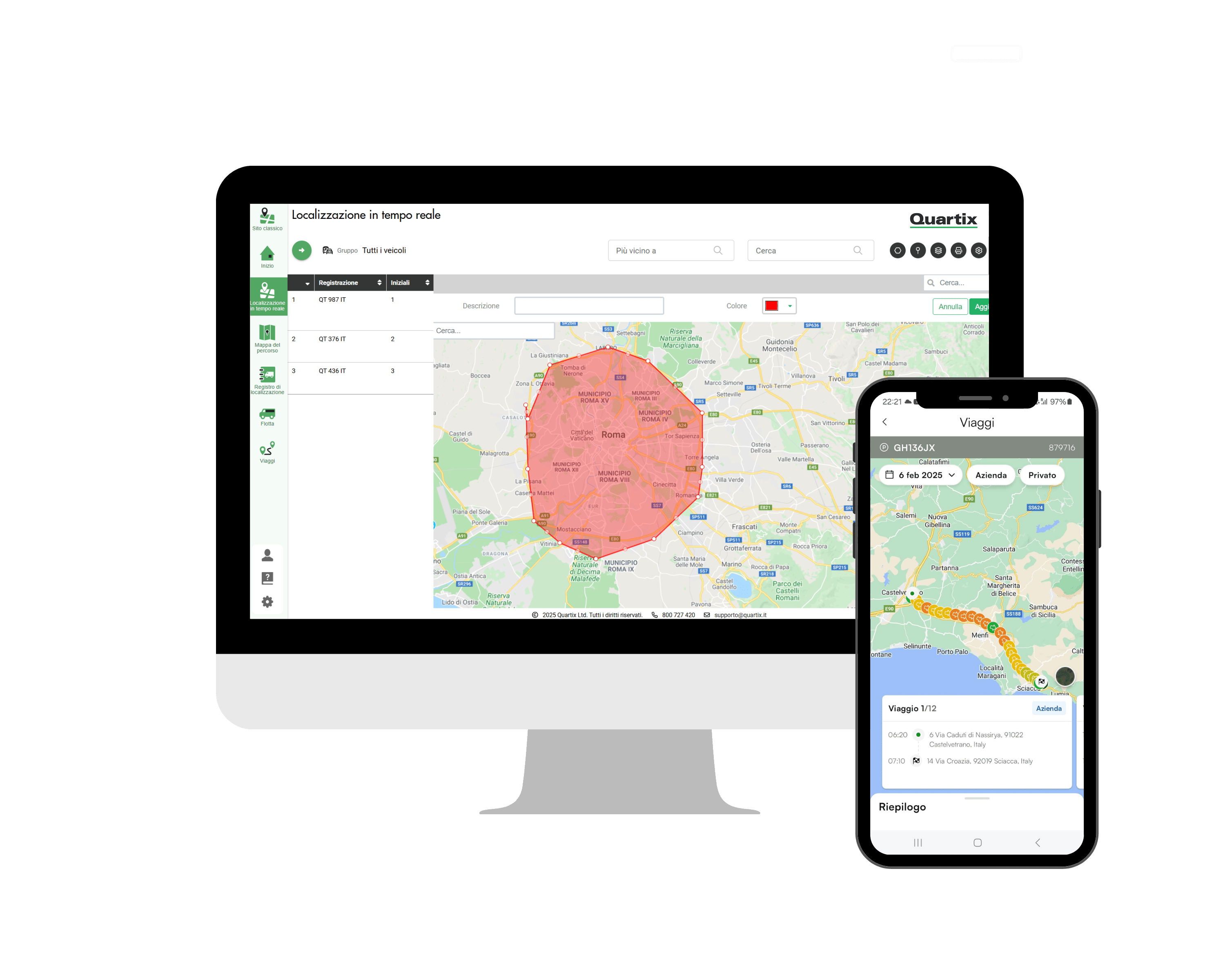 A computer and smartphone display a map interface with a highlighted area. The computer shows a red circle on a map, and the smartphone displays a route with travel details.