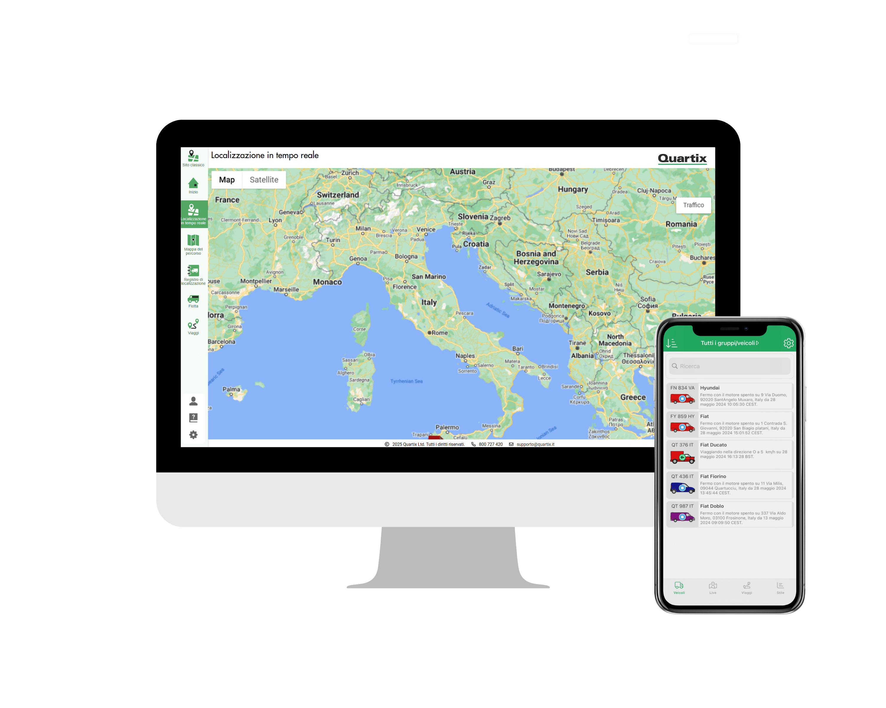 Computer displaying a map of Italy and surrounding areas, next to a smartphone showing a list of vehicle-related items with status indicators.