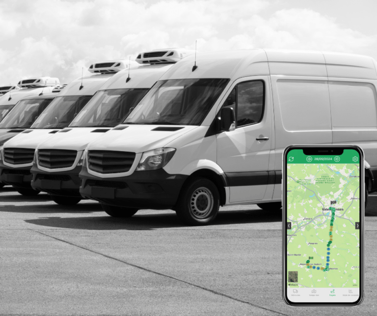 A row of white delivery vans is parked, reminiscent of the efficient systems like le covoiturage en France. In the foreground, a smartphone displays a route map on its screen, highlighting the practicality and possible avantages fiscaux such services can offer.