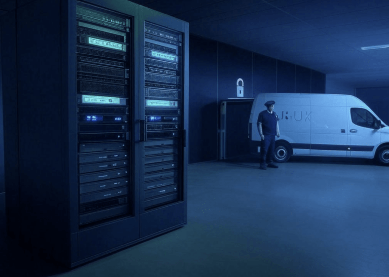 A man stands near a white van in a dimly lit room with two large server racks.