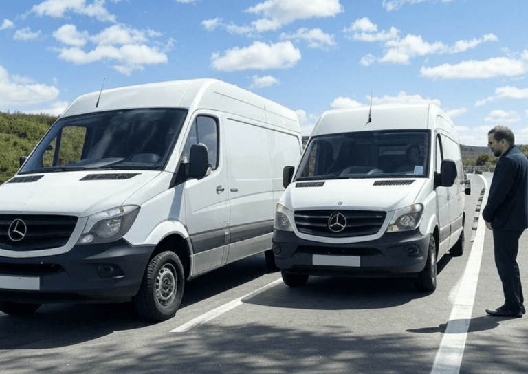 Two white Mercedes-Benz vans parked side by side in a parking lot. A person stands next to the smaller van under a partly cloudy sky.
