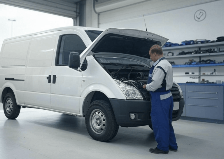 A mechanic in blue coveralls inspects the engine of a white van with the hood open in a garage.