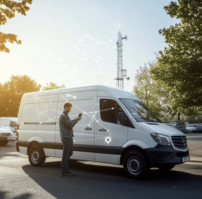 A person stands by a white delivery van using a smartphone. Overlayed digital graphics suggest connectivity and data exchange. A communication tower and trees are in the background.