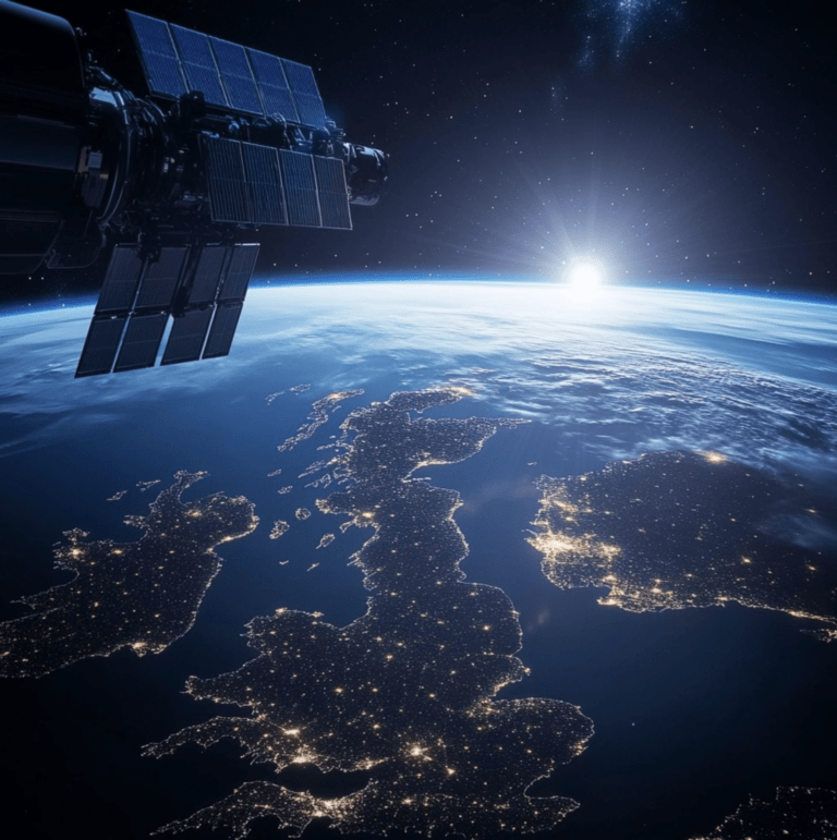 A satellite orbits above Earth, capturing a view of the UK and Ireland at night with city lights glowing, while the sun rises on the horizon.