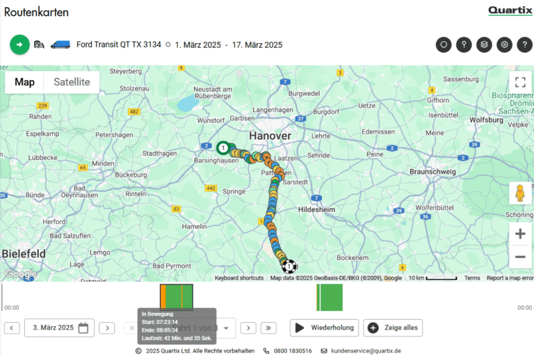 Map showing a vehicle route from Hanover towards Bielefeld with a highlighted path and data showing dates from March 1 to March 17, 2025, provided by Quartix in German language interface.