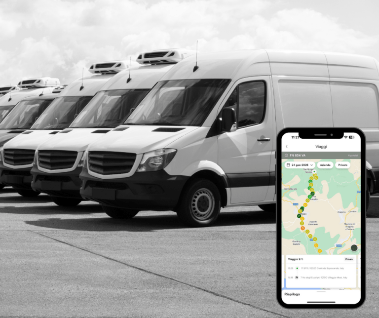 A row of white delivery vans parked on a lot. In the foreground, a smartphone displays a map with a route highlighted.