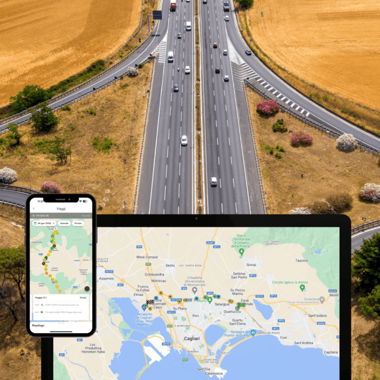 Aerial view of a highway with cars and surrounding fields. Below, a tablet and smartphone display a map of the Cagliari area, showing locations and navigation details enhanced by monitoraggio in tempo reale for improved safety and productivity.