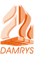 Logo featuring abstract orange and peach shapes resembling sails over a brick pattern, with the text "DAMRYS" below.