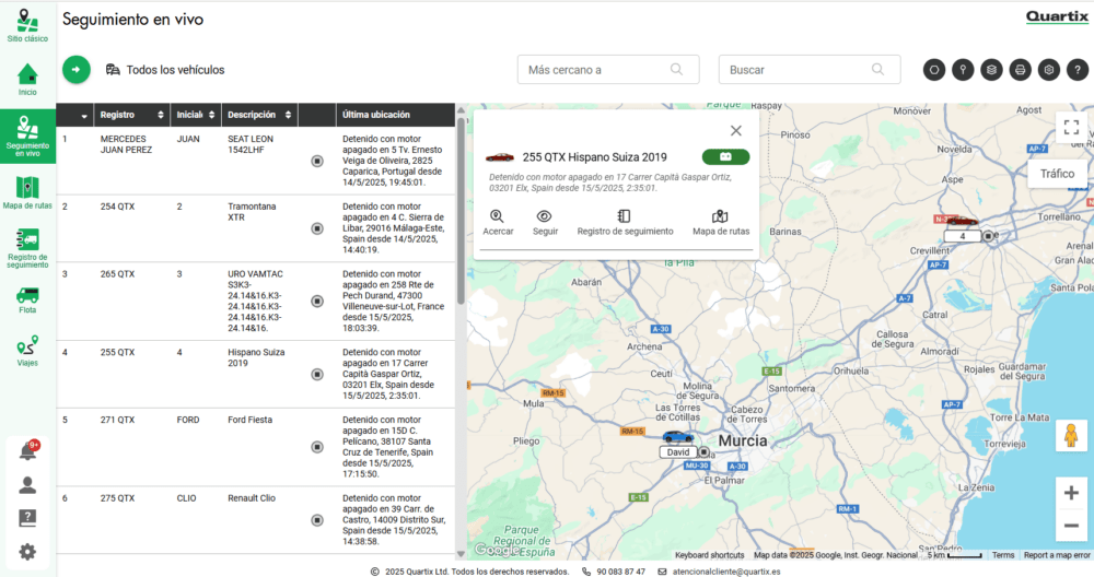 Screenshot of a vehicle tracking dashboard showing a list of vehicles on the left and a map with a selected vehicle route near Murcia, Spain, on the right.