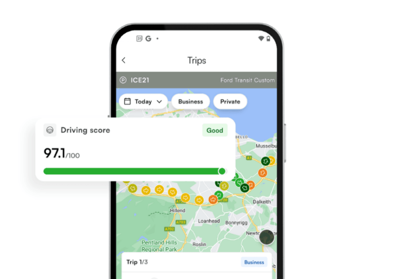 Smartphone displaying a driving app with a map and trips overview. A "Driving score" card shows a score of 97.1 out of 100 marked as "Good.