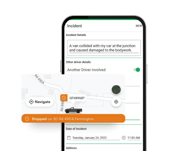 A smartphone screen shows an incident report about a car collision, with map navigation, vehicle location details, and a link to the risk matrix podcast for further safety insights.
