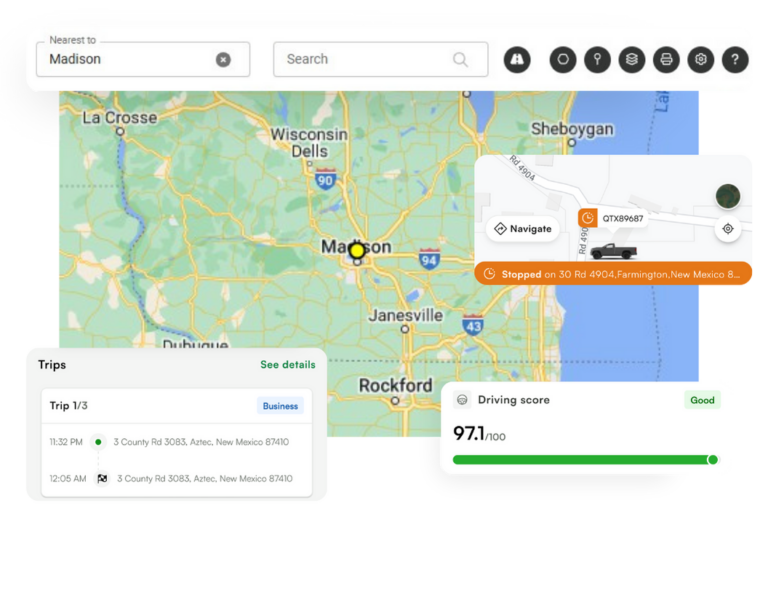 Map interface showing a route to Madison with trip details, a driving score of 97.1, and a stop in Farmington, New Mexico. Various navigation options are displayed.