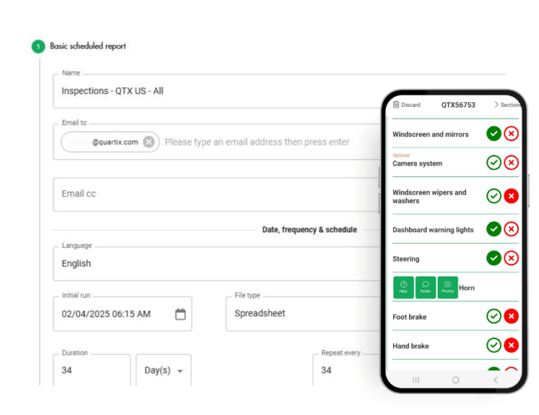 A form for scheduling basic inspection reports is shown, along with a mobile screen displaying a checklist of vehicle inspection items with red and green checkmarks.