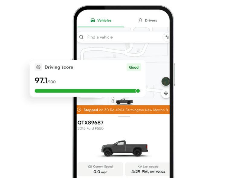 Smartphone displaying a driving app with 97.1/100 driving score. Screen shows a Ford F550 truck. Speed is 0 mph, location in Farmington, New Mexico. Last update: 4:29 PM, 12/17/2024.