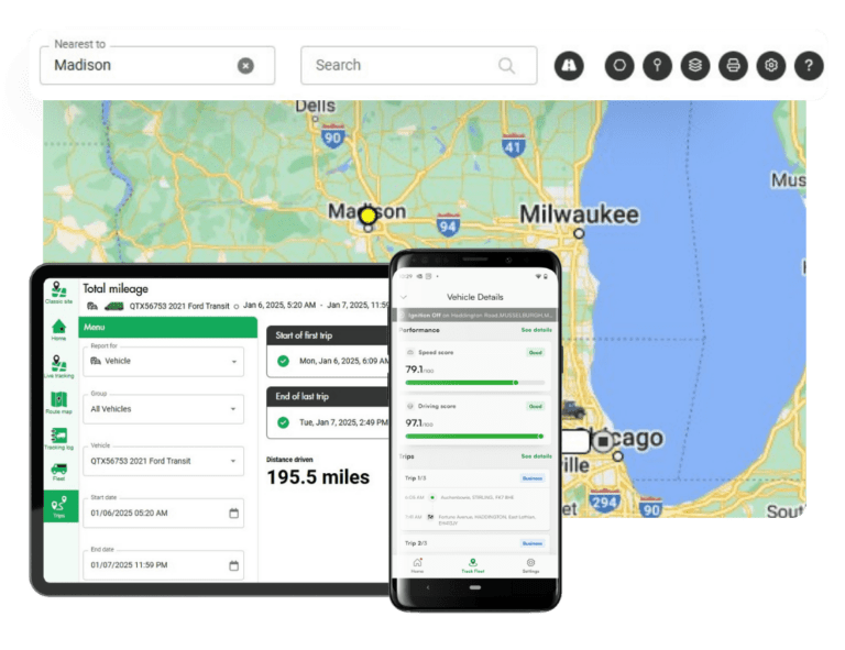 A mobile and desktop screen display vehicle mileage data over a map of Wisconsin, featuring cities like Milwaukee and Madison.