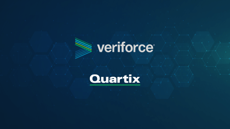 Veriforce and Quartix logos displayed on a blue background with a hexagonal pattern, highlighting their collaboration featured in the Risk Matrix Podcast.