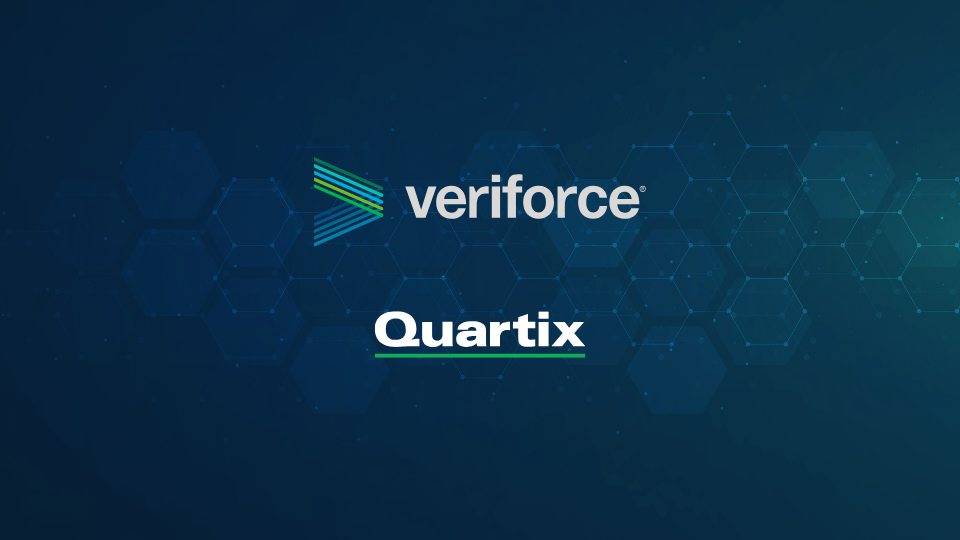 Veriforce and Quartix logos displayed on a blue background with a hexagonal pattern, highlighting their collaboration featured in the Risk Matrix Podcast.