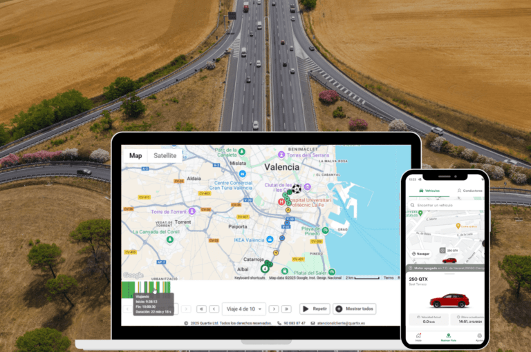 A laptop and smartphone display a map of Valencia with road icons, emphasizing telemática-flotas-corporativas-seguridad-productividad-ahorro. In the background, a highway with cars is flanked by fields, showcasing real-time monitoring capabilities.