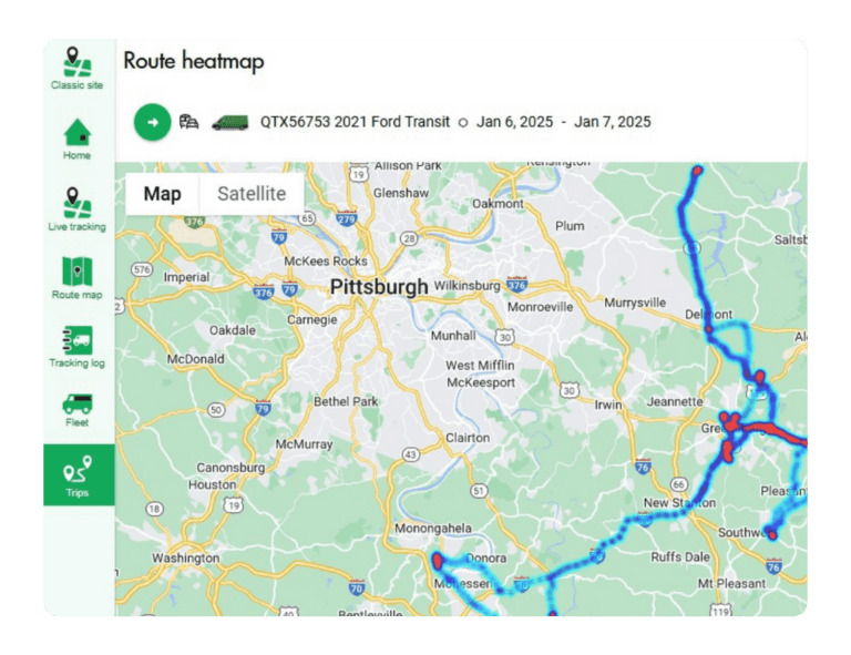Map displaying a vehicle route heatmap near Pittsburgh, showing traveled paths and high-traffic areas in blue and red. Navigation options are on the left sidebar.