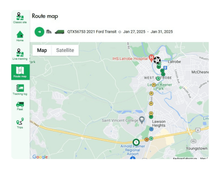 A route map displaying the path of a 2021 Ford Transit. Key locations marked include IHS Latrobe Hospital, Arnold Palmer Regional Airport, and Saint Vincent College.