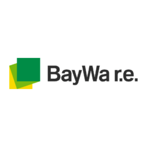 BayWa r.e. logo featuring overlapping green and yellow squares on the left and the company name in black text on the right.