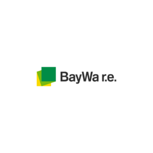 BayWa r.e. logo featuring a green square overlapping a yellow triangle, with the company name in black text to the right.