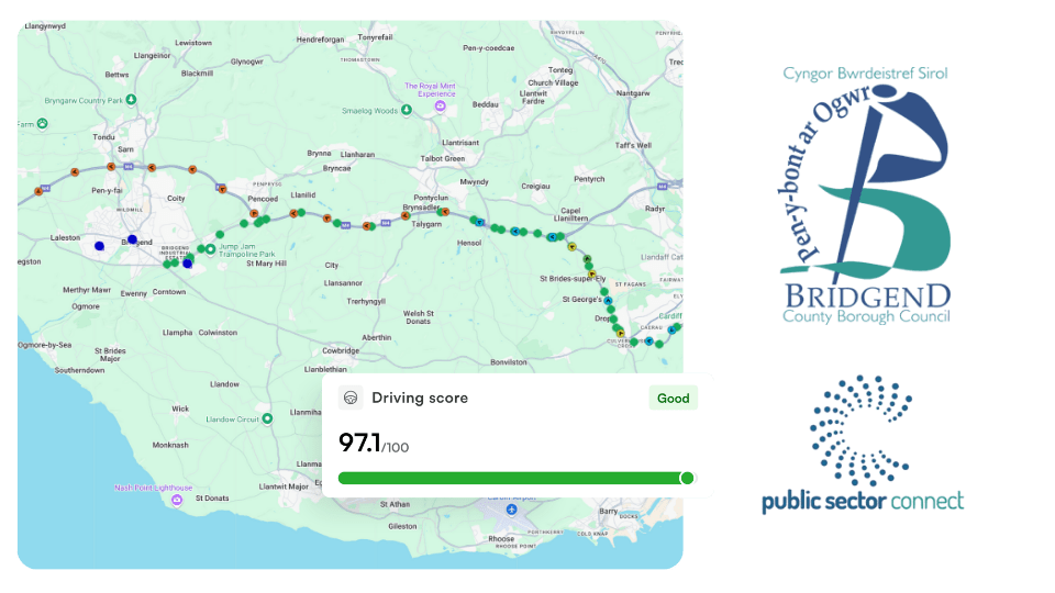 A map of south Wales with a driving route marked, showing a driving score of 97.1/100. Logos for Bridgend County Borough Council and Public Sector Connect are on the right.