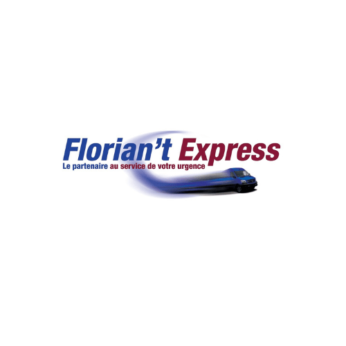 Logo for Florian't Express, featuring a speeding van and the tagline "Le partenaire au service de votre urgence" in French, meaning "The partner at your emergency service.
