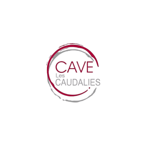 Logo with the words "CAVE Les CAUDALIES" inside two overlapping circular brush strokes, one red and one gray, on a transparent background.