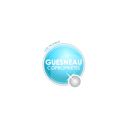 Logo with a blue circle containing the words "GUESNEAU COPROPRIÉTÉS" and a small silver sphere attached at the bottom right. The text "VOUS PORTER" appears in small letters.