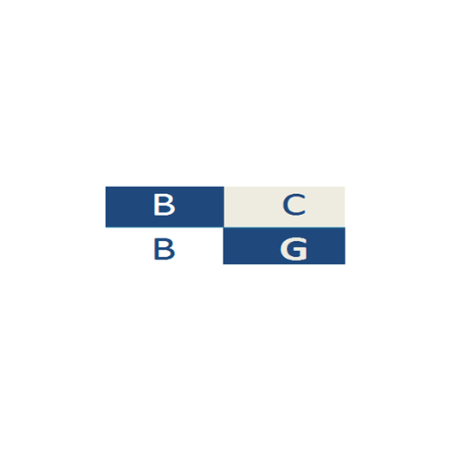 A 2x2 grid with blue and white cells. Top row: blue cell with "B", gray cell with "C". Bottom row: white cell with "B", blue cell with "G".