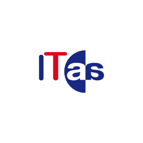 Logo with the letters "IT" in red and "as" in blue, with the "a" partially enclosed by a blue semicircle on the right side. White background.