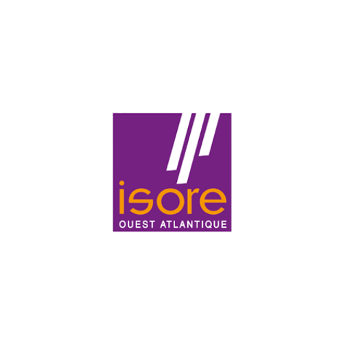 A purple square logo with three white diagonal lines above the yellow text "isore" and white text "OUEST ATLANTIQUE" on a purple background.